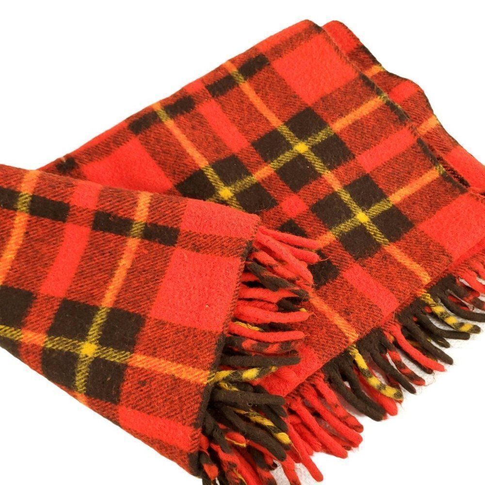 Vintage Red Tartan Plaid Wool Fringe Throw Lap Blanket Square 52"